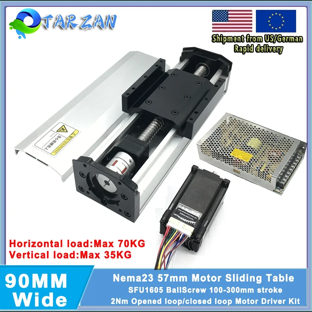 

90mm Width Fully Enclosed Linear Rail Guide Slide Stage Dust Cover 100-300mm Stroke SFU1605 Nema 23 57mm 2NM Stepper Motor Drive