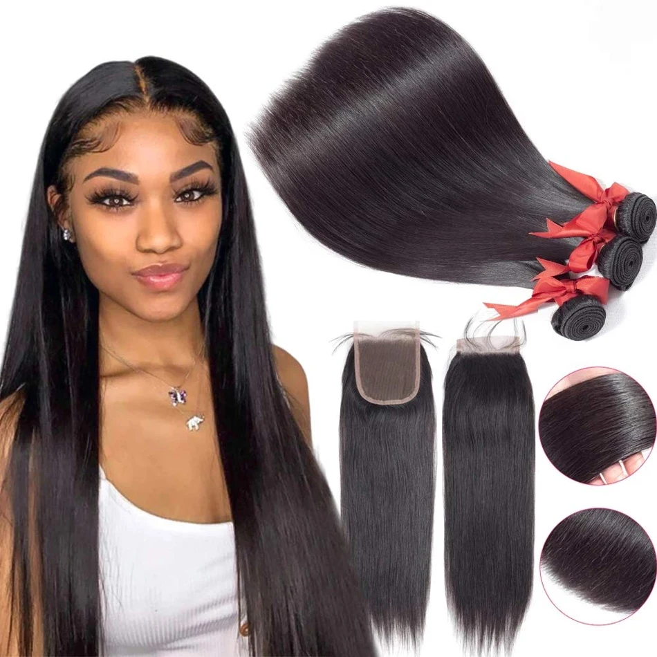 

3/4 Bundles With 4x4 Lace Closure Natural Black 100% Indian Straight Human Natural Hair Extension 4*4 Transparent Swiss Lace