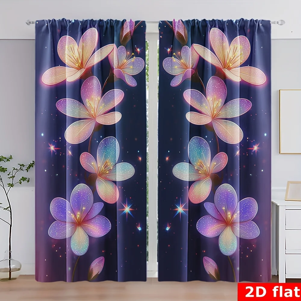 2pcs Fantasy Galaxy Flower Curtains Colorful Bloom Print Polyester Drapes for Living Room Bedroom Home Decor Window Treatment