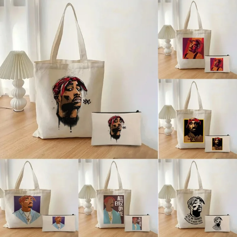 

2 шт. Подарочная сумка Tupac, набор больших сумок в стиле хип-хоп, парусиновая сумка на плечо с местом для хранения макияжа, складная сумка для покупок, украшение