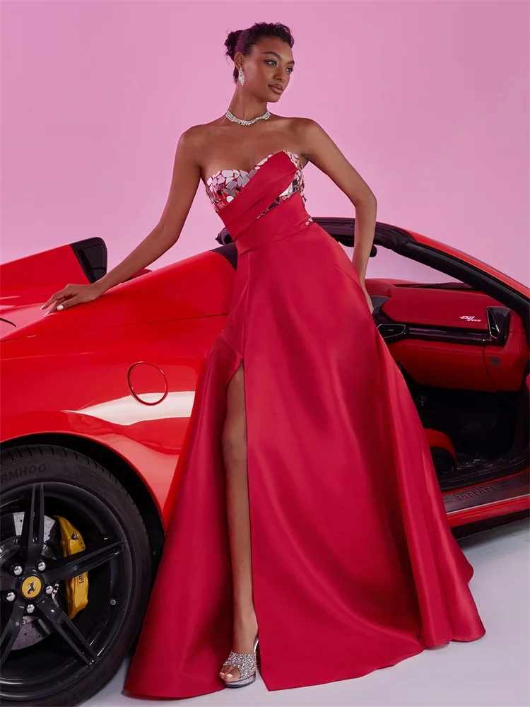 

BLUEPLUM Elegant Sexy Tube Red Evening Dress Luxury Women Long Satin Split A-line Bridesmaid Dress Party Cocktail Gown Prom