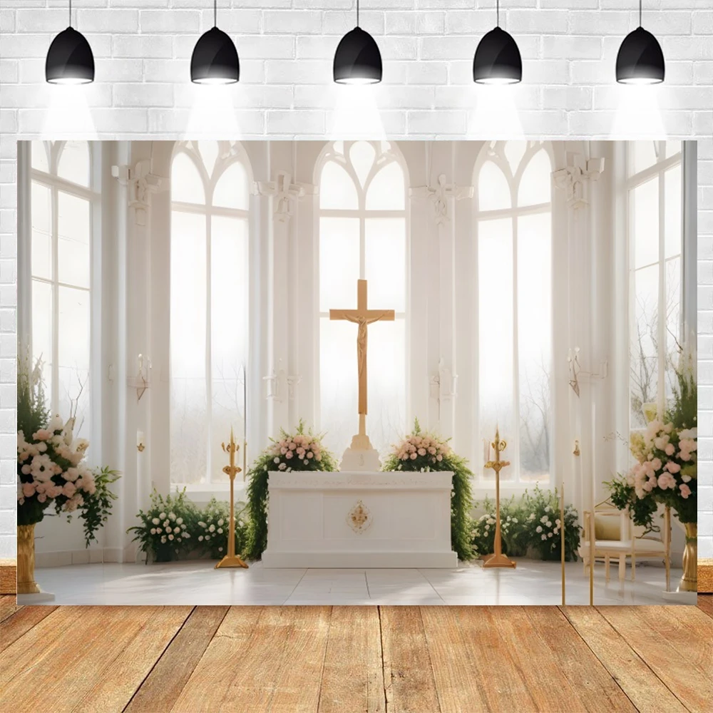 White Church Backdrop Jesus Cross Window Flower Kid Christening Wedding Party Photography Background Photostudio Photobooth Prop
