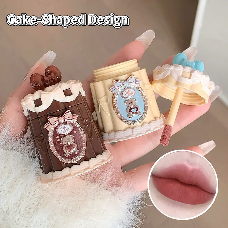 Bily Bear Cake Shaped Lip Tint Velvet Matte Lip Mud Non Sticky Liquid Lipstick Cute Teddy Bear Lip Glaze Soft Blur Makeup Gift