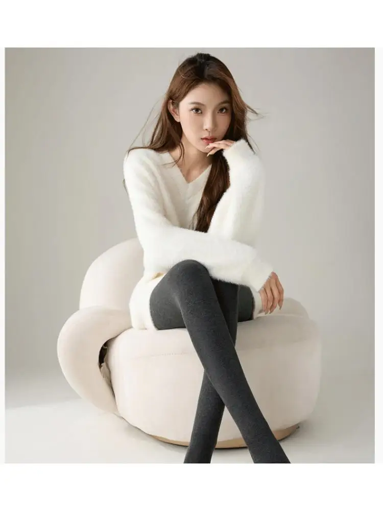 40-55KG  Women High Quality Grey Cashmere Leggings Winter Fleece Thickened Pinstripe Outer Wear Compression Shaped Pantyhose