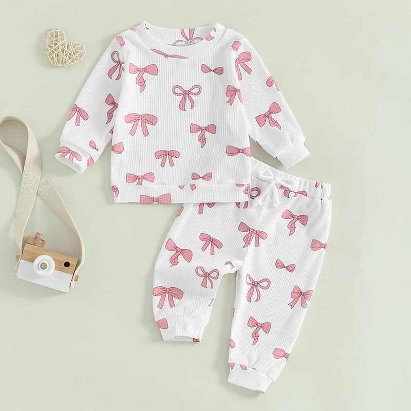 Baby Clothing Girl Outfit Children Bow Print Long Sleeve Crew Neck Sweatshirt Sweatpant Pants Set Kids Clothes