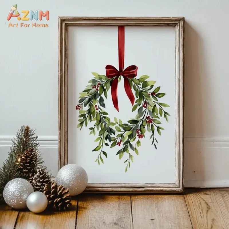 AZNM Watercolor Christmas Wreath Canvas Wall Art Green Leaves Red Berries Bow Minimalist Farmhouse Winter Holiday Home Wall Deco
