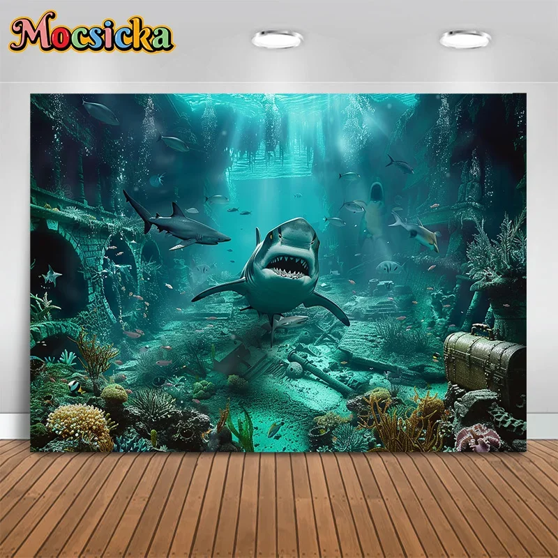 Mocsicka 写真撮影背景 水中世界 サメ 装飾背景 リビングルーム壁画 人々写真バナー スタジオ小道具