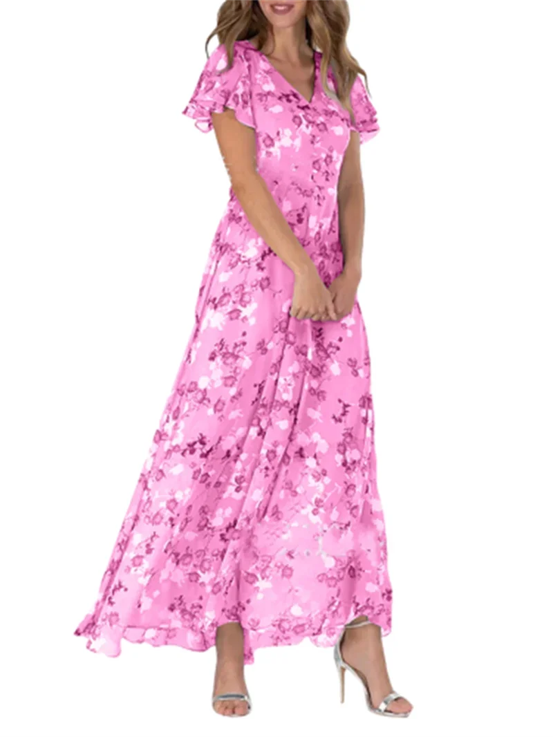 Vestido elegante pulôver com babado manga curta decote V feminino, estilo doce, estampa pequena de flores, cintura alta, vestido casual feminino, novo