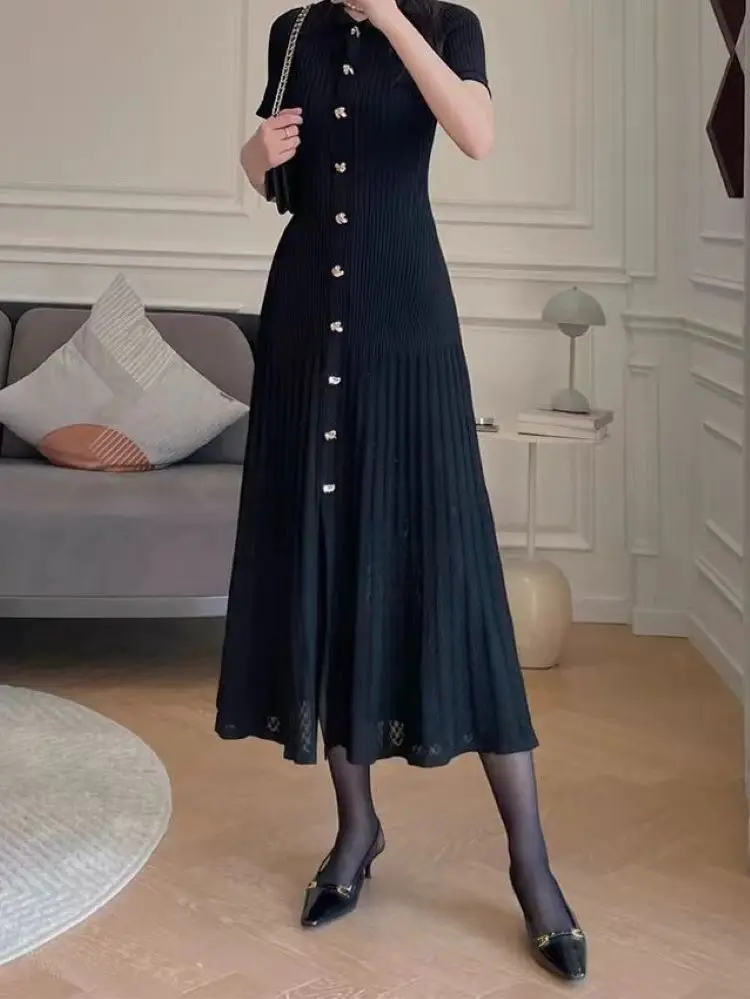 Women Knitted Robe Hollow Out Single Breasted Turn-down Collar Short Sleeve Elegant Midi Dress