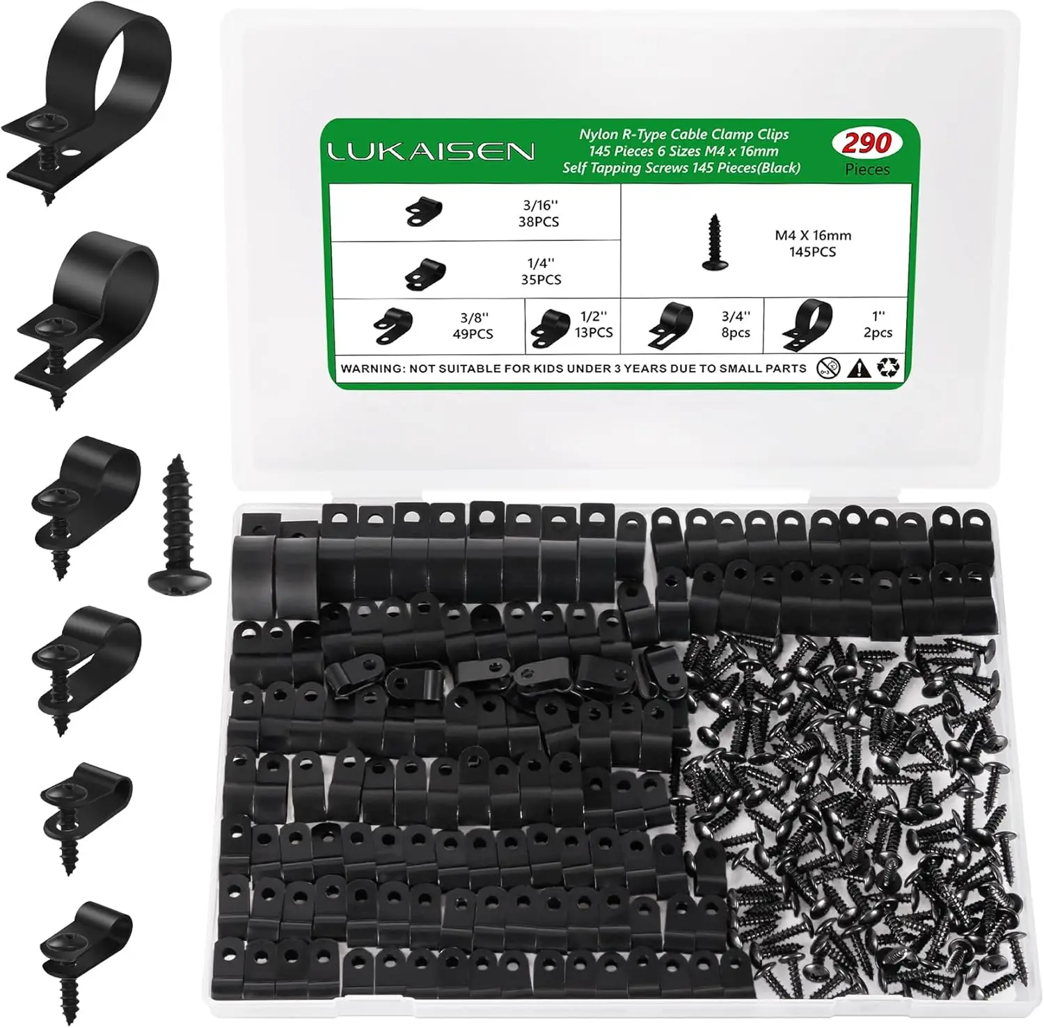 

290PCS Nylon R-Type Cable Clips, 6 Sizes 3/16-1 inch, Wire Organizer with Screws