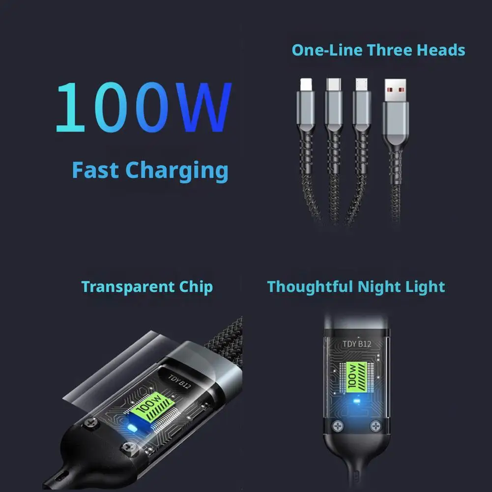 Upgrade3 In 1 100w Transparent Fast Charging Cable Type C Usb Micro For Huawei OPPO Vivo Samsung Xiaomi Pilot Lamp Charger 6A