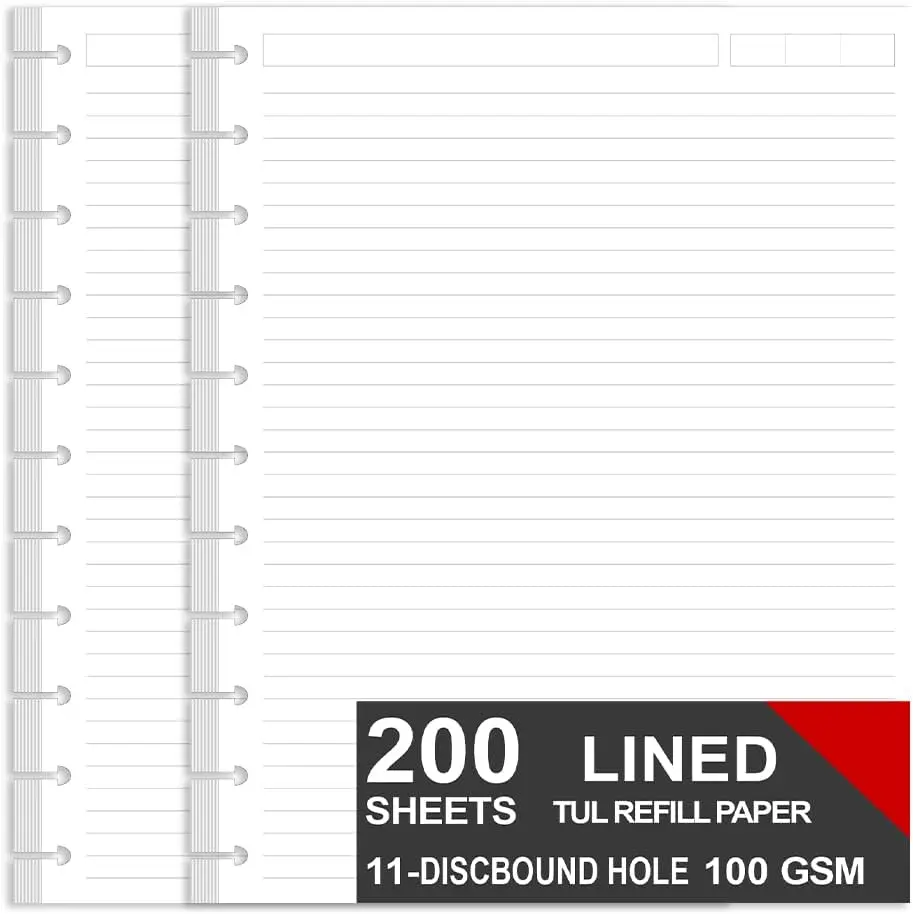 

Discbound Refill Paper for Letter Size Notebooks, 200 Sheets/400 Pages White 8.5x11 Disc Paper Inserts with Lined Pages