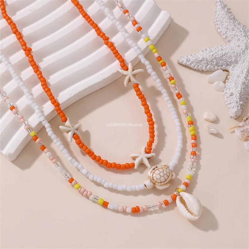 Bohemian Multilayer Rice Bead Chain Clavicle Necklace Vintage Acrylic Turtle Starfish Shell Pendant Choker Women Beach Jewelry image 2