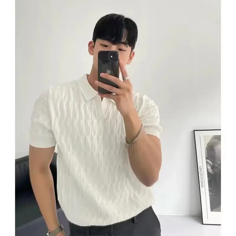 Summer New Men\'s Knitted Jacquard Polo Shirt Striped V-Neck Solid Color Short-sleeved T Shirt Korean Y2k Men Clothing Tops