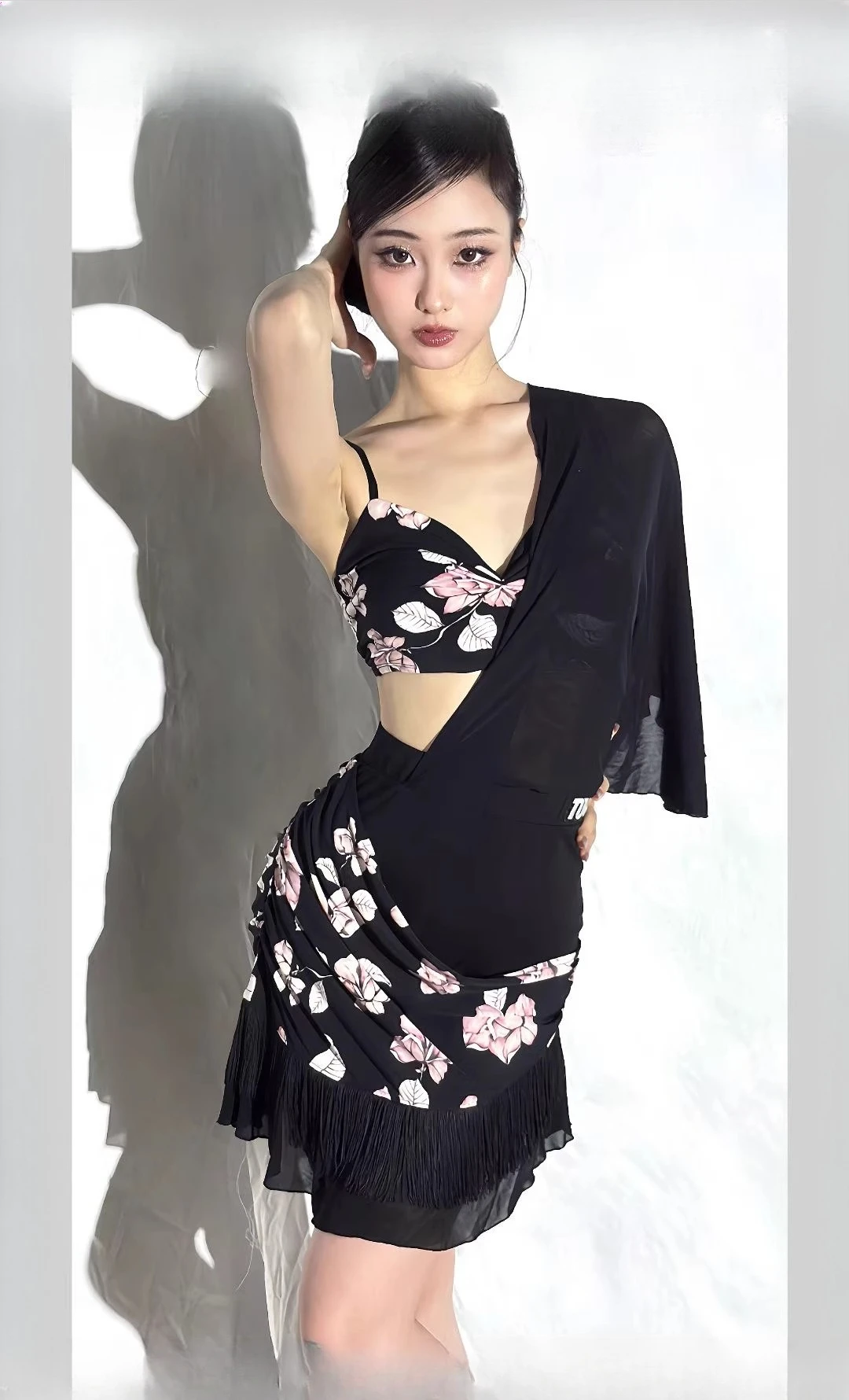 UK Latin Dance Dress Pink Floral Spaghetti Strap Top with Mesh Fringe Skirt for Audition Performance