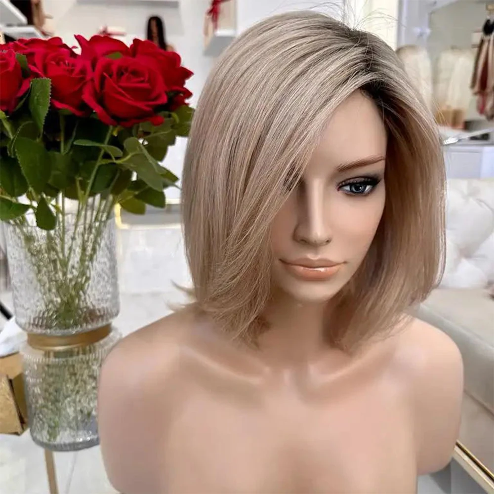 

Beige Blonde Human Hair Wig with Roots 12" Full Lace Short Bob Wig Transparet HD 13x6 Lace Front Wig 150% Natural Straight