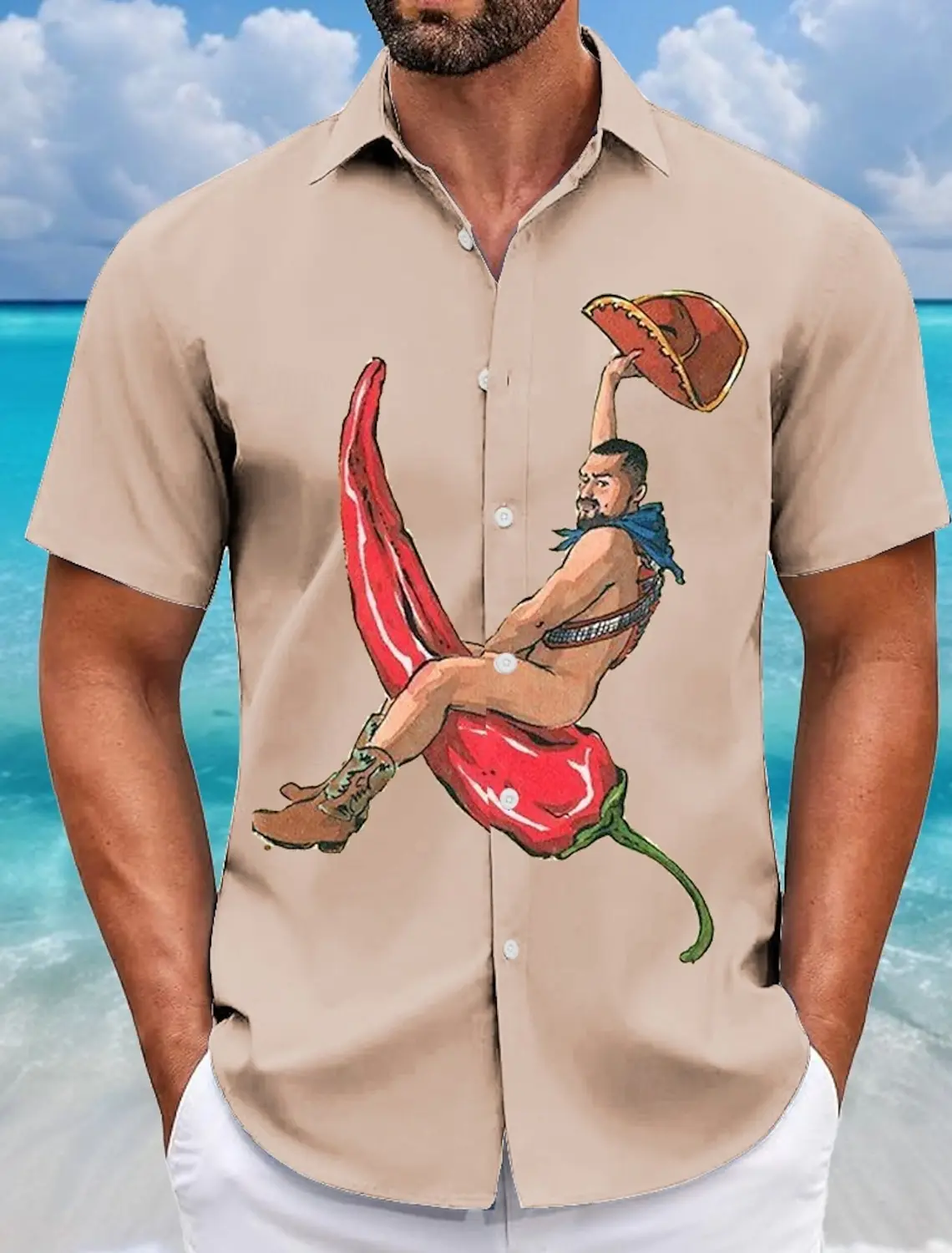 

Summer Men's Funny Cowboy Pepper Shirts Short SleeveTurndown Hawaiian Shirt Button Up Shirts No Pockets Shirts
