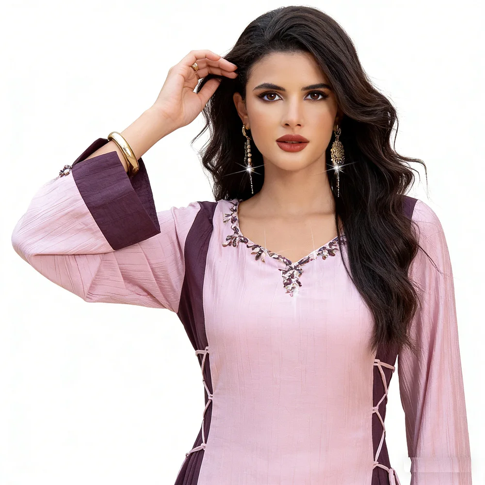 

Модное мусульманское женское платье макси с бриллиантами, V-образным вырезом, Абайя, Дубай, Турция, Кафтан, Рамадан, Исламская одежда, Марокко, Арабское праздничное платье