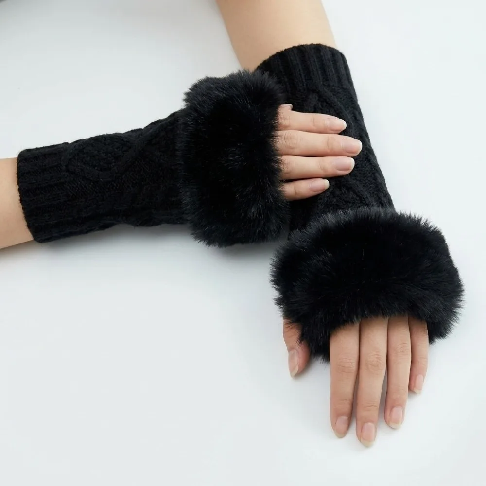 Vintage Cable Knit Fingerless Arm Warmers Rhombus Pattern Faux Fur Cuff Half Finger Gloves Warm Strench Sleeve Cover Commute