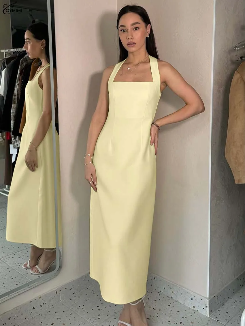 Oymimi Fashion Yellow Halter Neck Dresses For Woman Elegant Sleeveless Open Back Slim Dresses Casual Straight Ankle-Length Dress