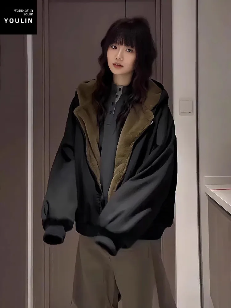 Thickened American Double-Sided Wear Mountain Eagle Cotton Jacket for Men And Women Winter Warm Plush Short Coat with Hood