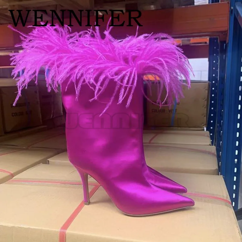 Summer Ostrich Feather Mid-Calf Women Boot Pointy Silk Slip-On Ankle Boots Women Runway Night Club Party Thin High Heel Booties