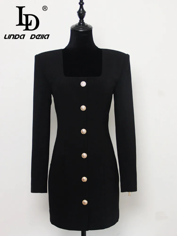 LD LINDA DELLA Autumn and winter New Style  Vintage Designer Coat Women Black Square Collar Single-breasted Slim Fit Short Coat