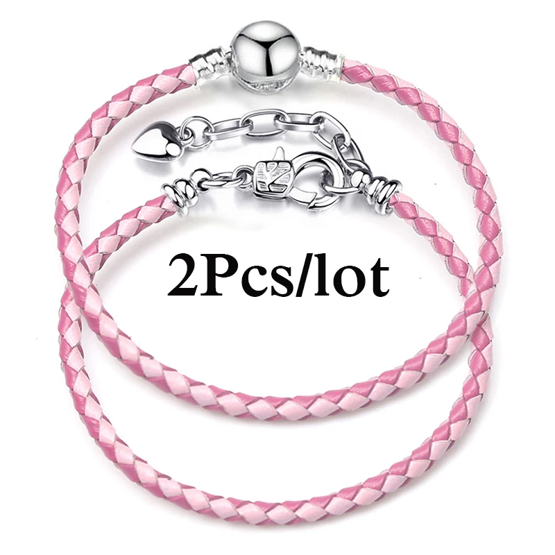 2Pcs/Lot Secial Offer Two-color Braid PU Leather Heart Clasp Chain Charm Bracelet For Women Men Fit DIY Bracelets Jewelry Gift