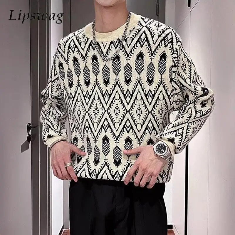 

Streetwear Men New Spring Sweater Tops Trendy Graphic Jacquard Knitting Bottoming Sweaters For Mens Casual Slim Knit Jumper Top