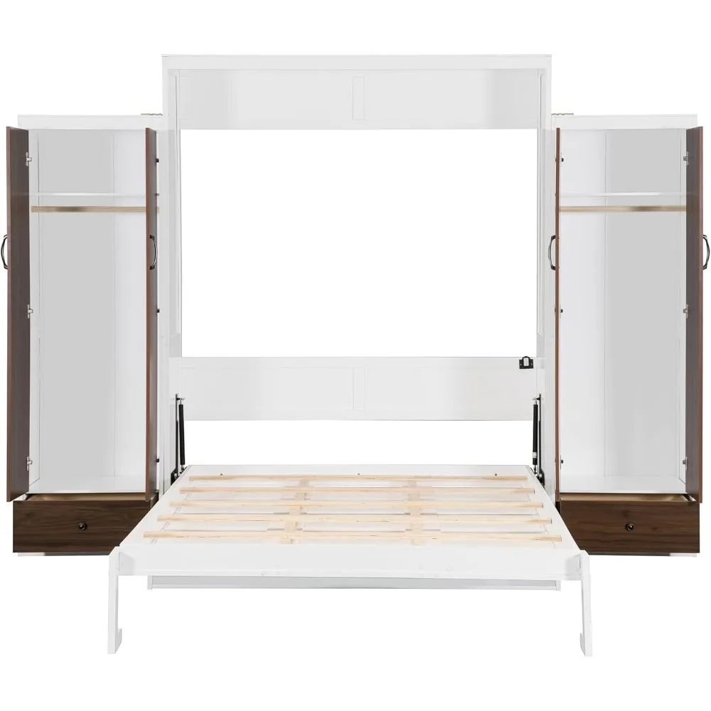 سرير ميرفي بالحجم الكامل، سرير خشبي كامل الجدار مع خزانة، أدراج ومكتب، أبيض