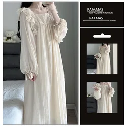 Women Spring Solid Linen Pajamas Dress Female Lace Trim Puffle Sleeves Nightdrss Students Long Dress Oversize Home Clothing 4XL