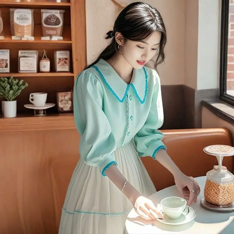 2025 Popular Temperament Casual Versatile High-end Light Luxury Mint Blue Base Shirt