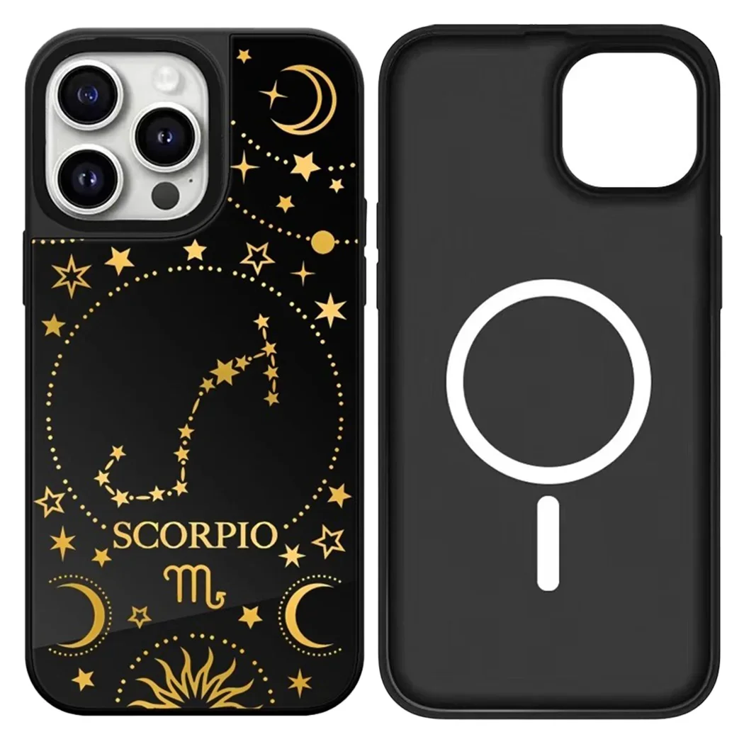 Etui ochronne na iPhone'a 12 13 14 15 16 17 Pro Max z motywem czarnej lustrzanej powierzchni i znakiem zodiaku, pasuje do iPhone'a 17 Pro Max