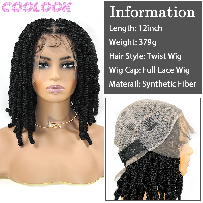 Peruca Trançada Full Lace Box para Mulheres Africanas, Tranças Pretas Bouncy, Peruca com Plait Jumbo, Trança Sintética Frontal Twist, 12"