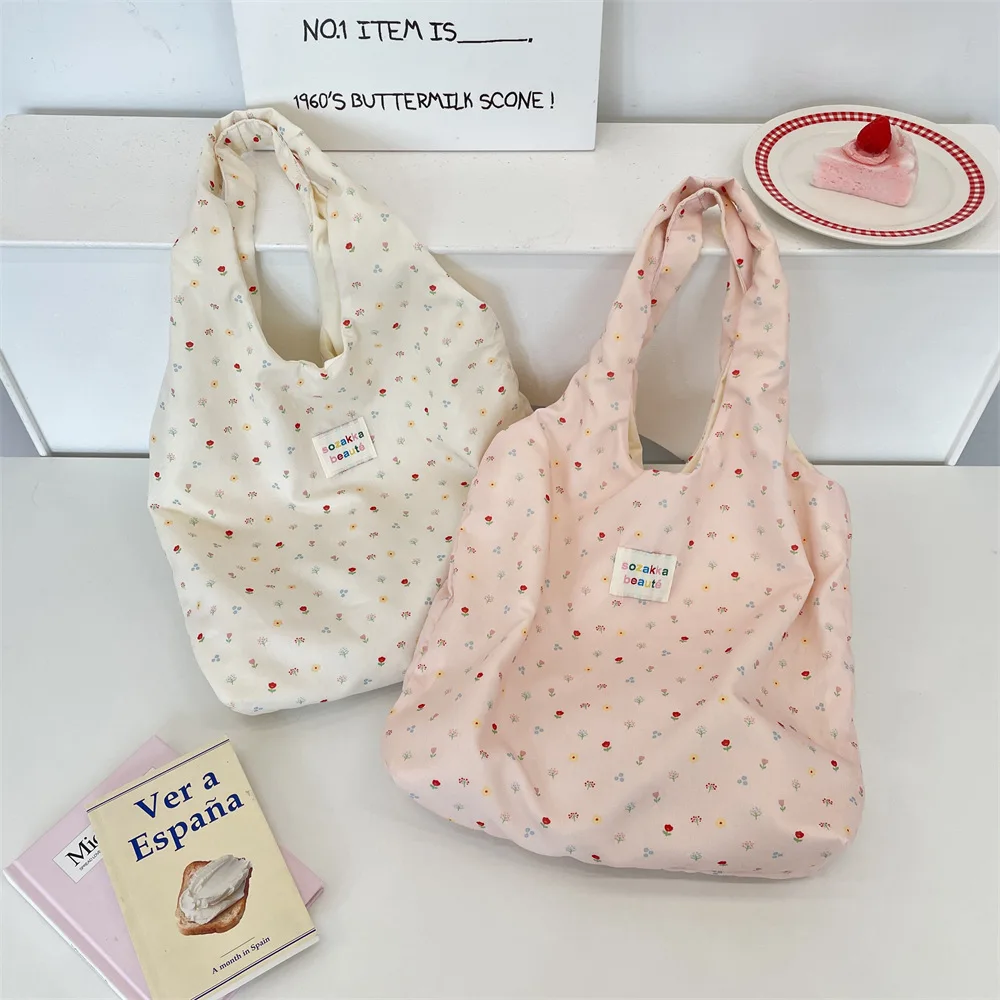 

Корейская женская милая сумка на плечо с цветочным принтом, сумка для покупок, сумка для книг, женская эко-сумка, многоразовая продуктовая сумка-шоппер