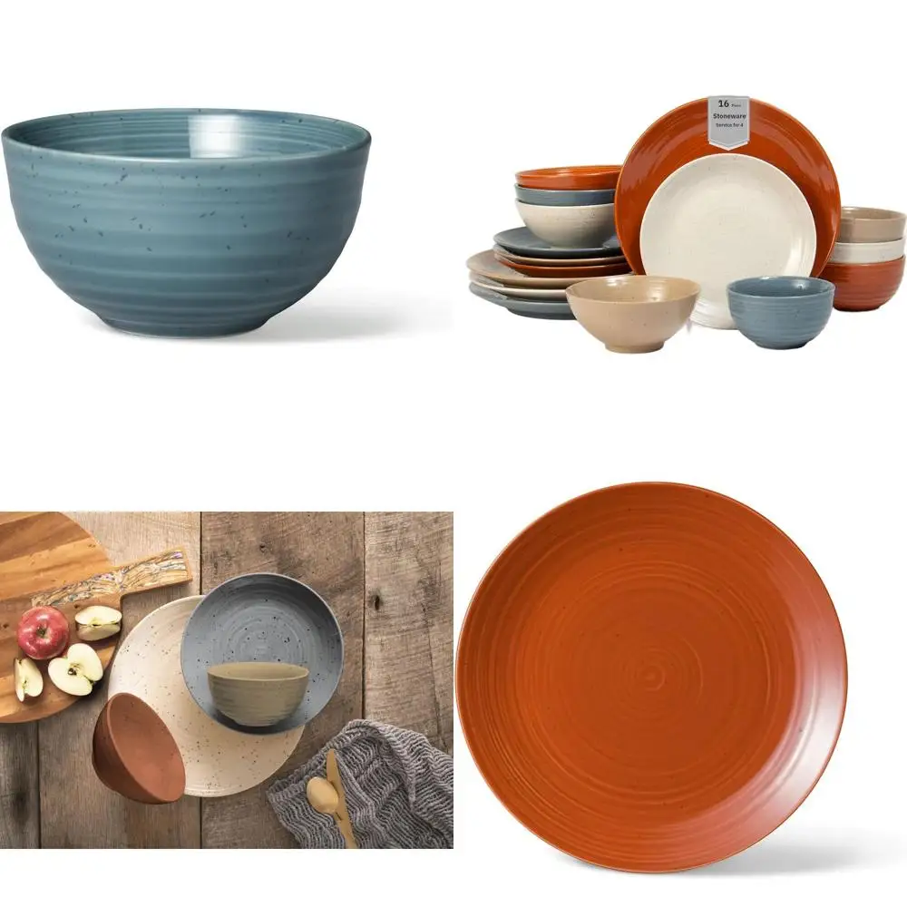 

16-Piece Stoneware Dinnerware Set, Service for 4, Rustic Ceramic Plates and Bowls, Chip Resistant, Microwave & Dishwasher Safe