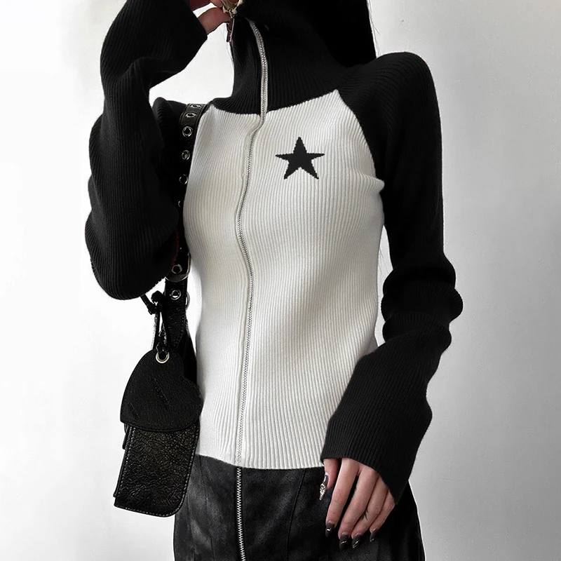 American Retro Pentagram Raglan Sleeves Contrasting Color Sweater Women's Slim Fit Zippered High Necked Woolen Top