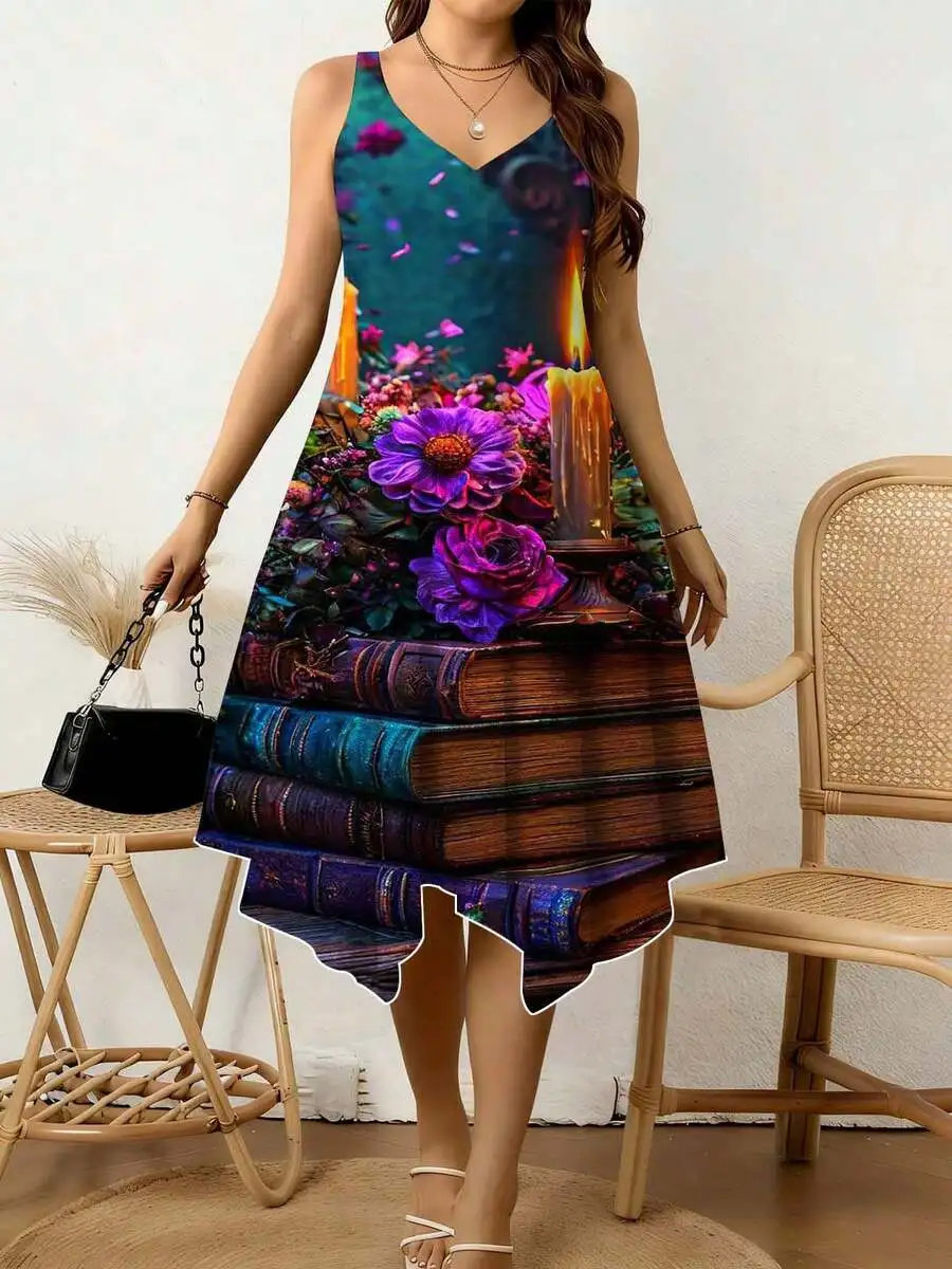 

Women V Neck Irregular Hem Dress With Magic Books And Flowers Print For Casual Literary Events