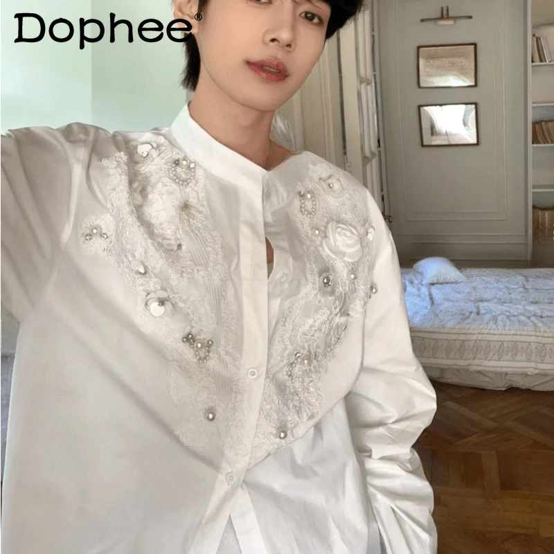

Trendy Beaded Shirts Men's 2025 Summer New Long-sleeve Three-dimensional Flower Tops Splicing High-end Sunscreen Shirt Jackets