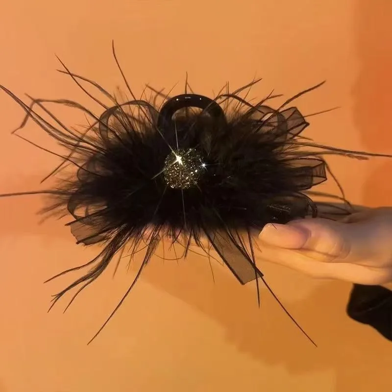 Luxury Glitter Hair Claw Clips with Velvet Ribbon Black Feathers Pearl Decor Hairpin for Thick Chignon Ballerina Bun Accessories