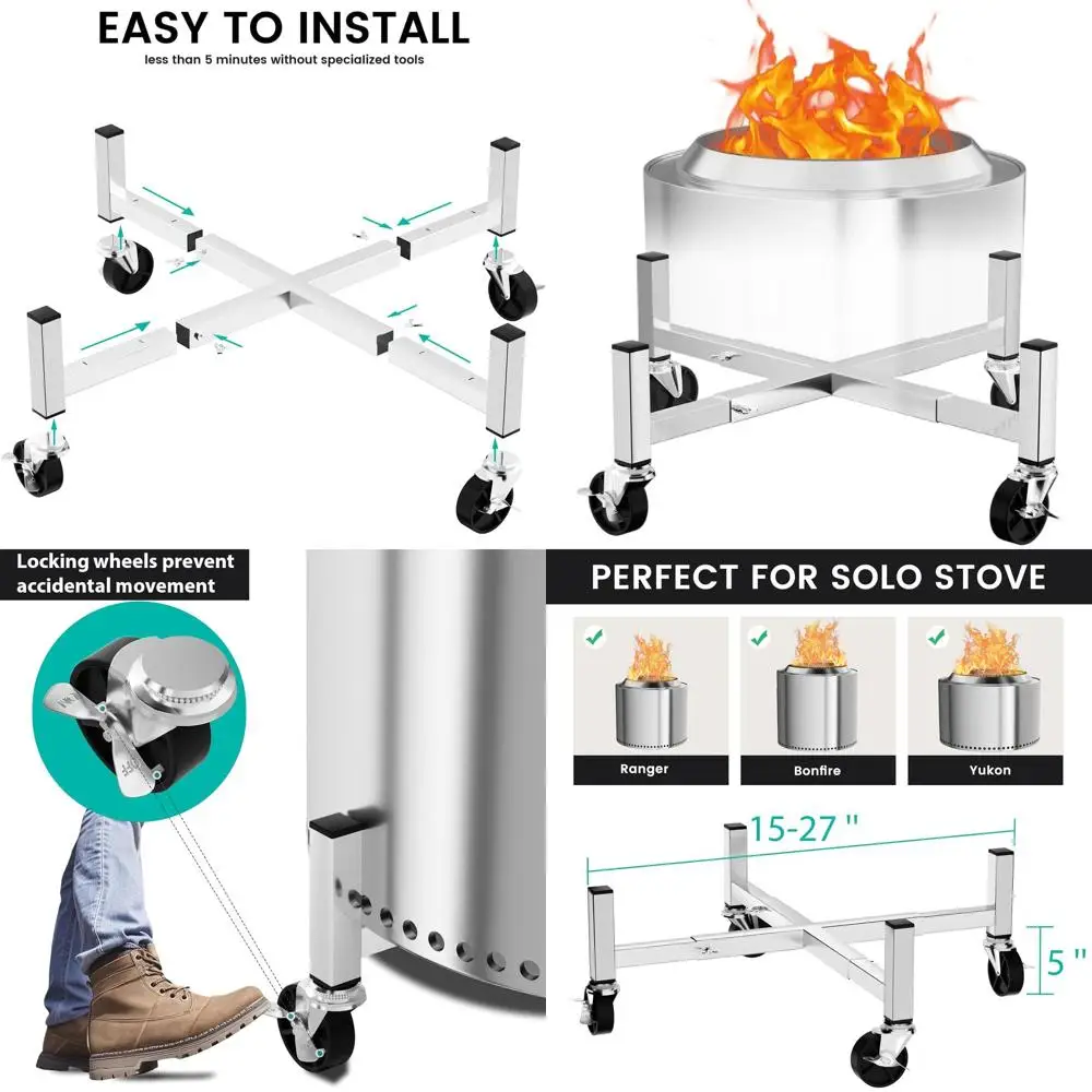 

Регулируемая подставка для кострового очага 15-27 дюймов на колесах - сверхпрочные поворотные колеса с фиксацией, устойчивые к ржавчине, из нержавеющей стали, для использования на улице, в саду
