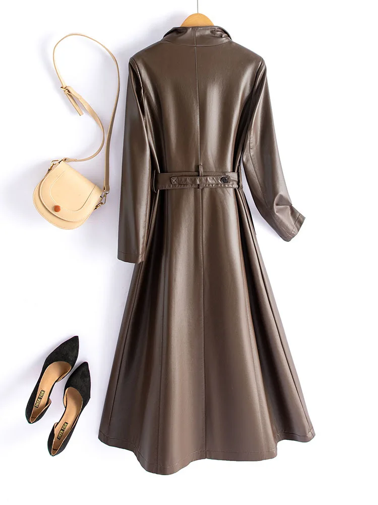 Plus Size M-5XL PU Leather Long Trench Coat For Women Autumn Winter Turn Down Collar Sheepskin Jacket With Belt  가죽자켓