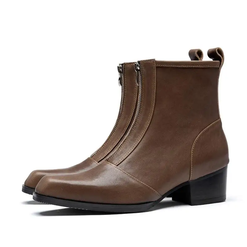 

Autumn Winter Genuine Leather Ankle Boots Men Square Toe Zip Height Increase Boots Mens High Heels Fashion Sewing Boots 36-44