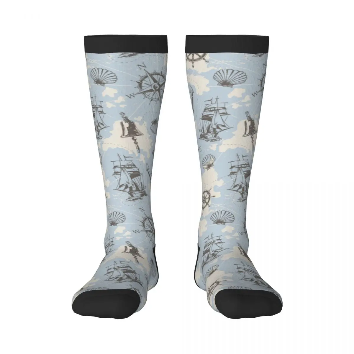 Casual Socks Vintage Nautical With Swordfish Ship Wheel Anchor Lighthouse Seashell Compass Long Socks Harajuku Business Socks