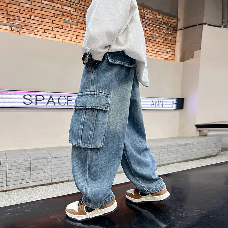 Teen Boys Jeans 2025 New Spring Autumn Pants Children's Straight Trousers Teenager Wide-legged Cargo Pants Kids Loose Clothes