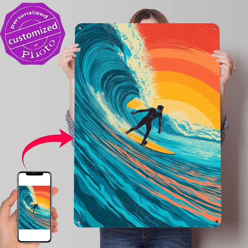 Surfer Riding a Wave At Sunset Personalized 3D Textured Metal Poster Wall Art Tinplate Sign for Interior Accessories Room Decor
