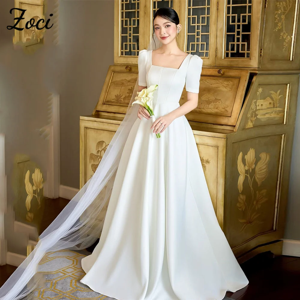 

Zoci Elegant Square Neck Korea Wedding Dresses Photo Shoot Short Sleeve A Line Bridal Gown Customized Corset Wedding Party Dress