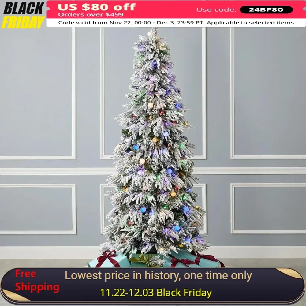 7 FT Christmas Tree, Pre-Strung Warm White & Multicolor LED Lights, Fire-Resistant Non-allergenic, Energy Efficient, Storage Bag