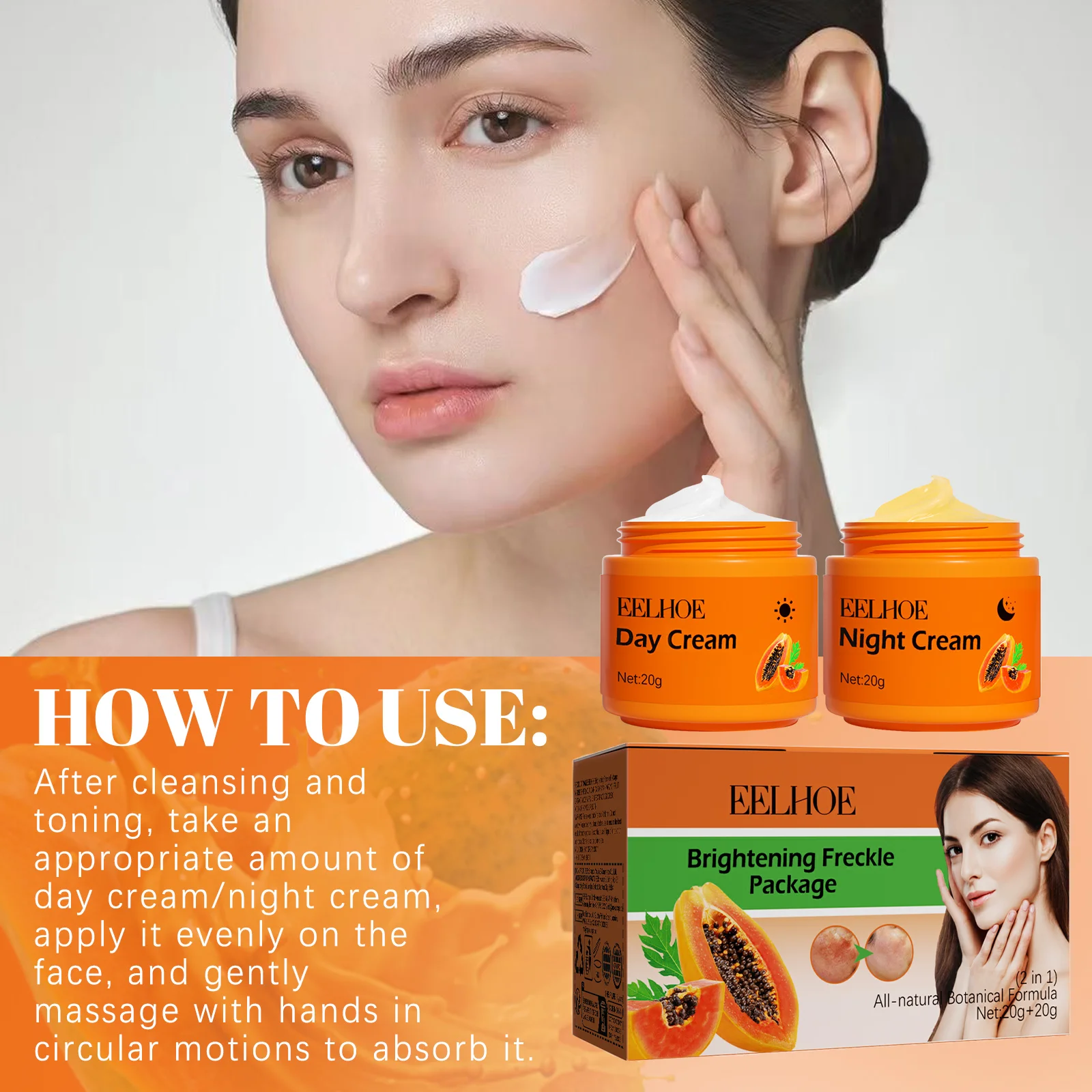 100% Natural 2 in 1 Day and Night Remove Fade Dark Best Freckle Melasma Removal Papaya Whitening Cream