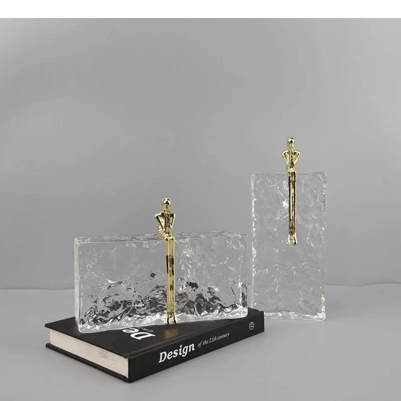 Metal Handicraft Abstract Figure Sculpture Crystal Base Golden Thinker Figures Ice Wrinkle Home Decor